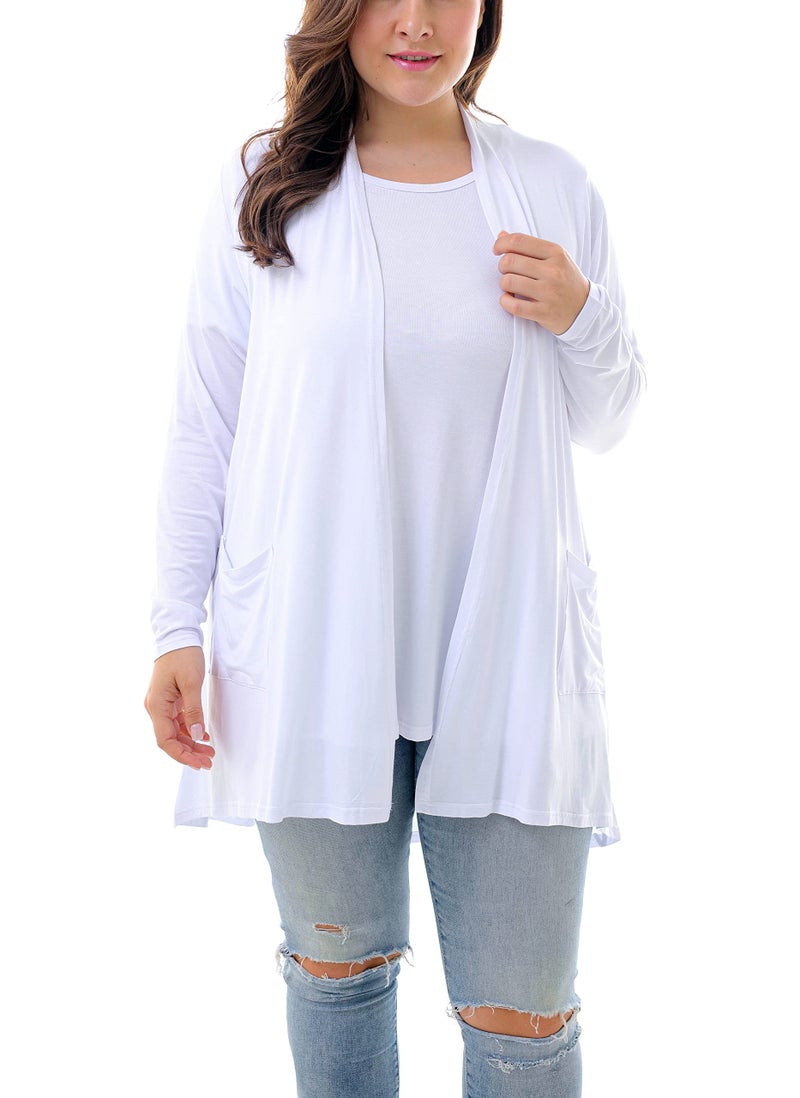ZERDOCEAN Women's Plus Size Long Sleeve Lightweight Soft Printed Drape Cardigan with Pockets White 3X - Image 2